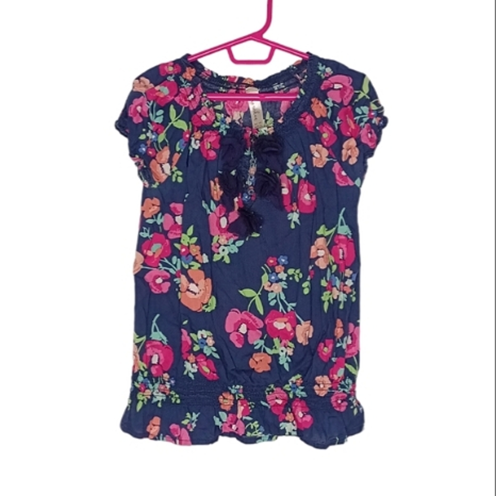 Cherokee Girls Floral Top Blouse Short Puff Sleeve Ruffle Hem